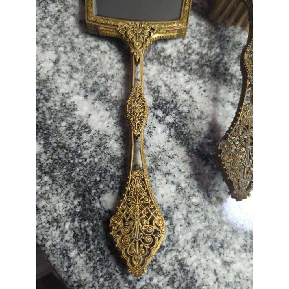 Vintage Floral Tapestry Back Gold Filigree Mirror & 2 Brush Vanity Set